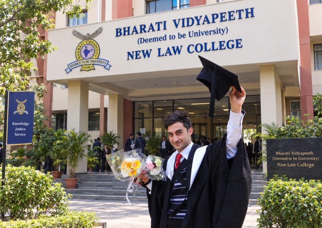 Graduate celebrating outside Bharati Vidyapeeth New Law College