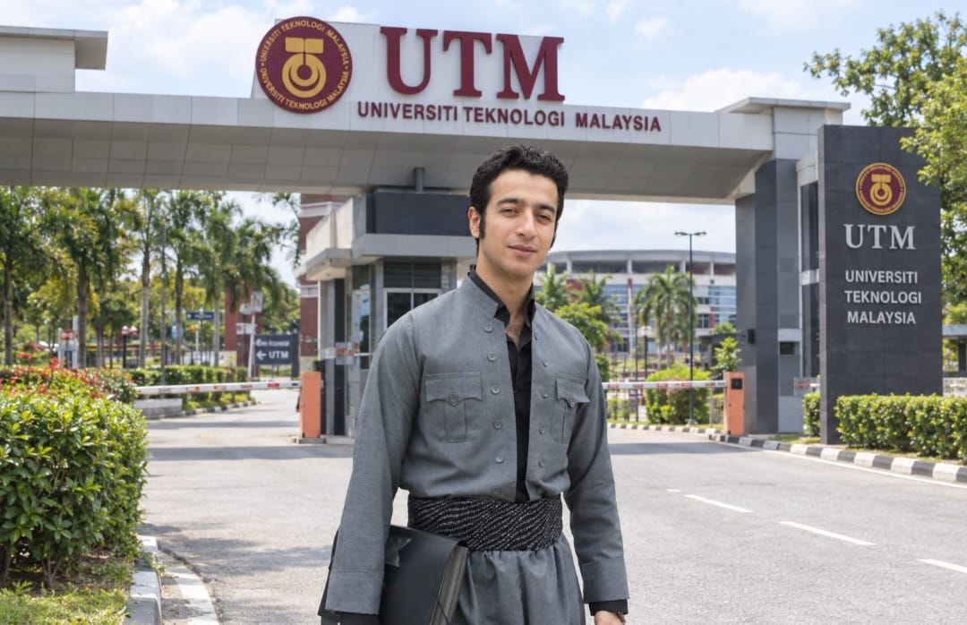 Professional standing at the entrance to Universiti Teknologi Malaysia